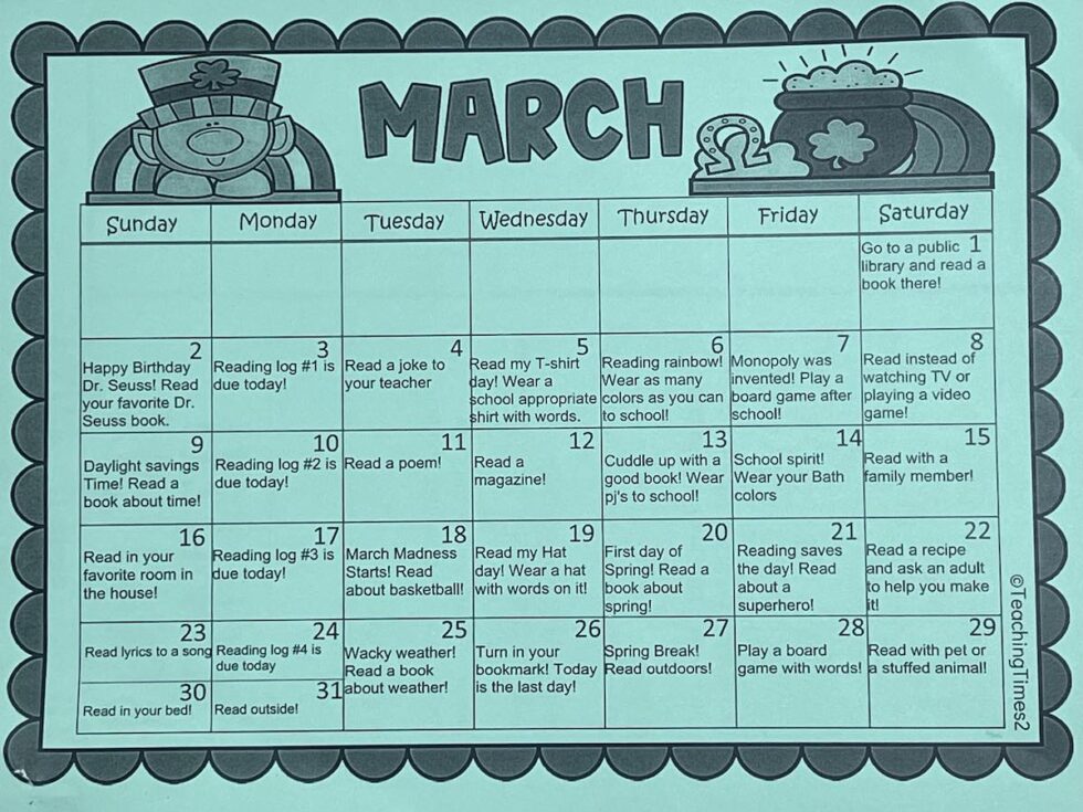 March is Reading Month Printable Calendar - Greater Lansing Area Moms