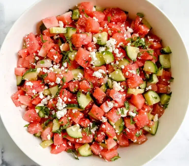 Watermelon Salad with Cucumber, Feta and Honey-Lime Dressing