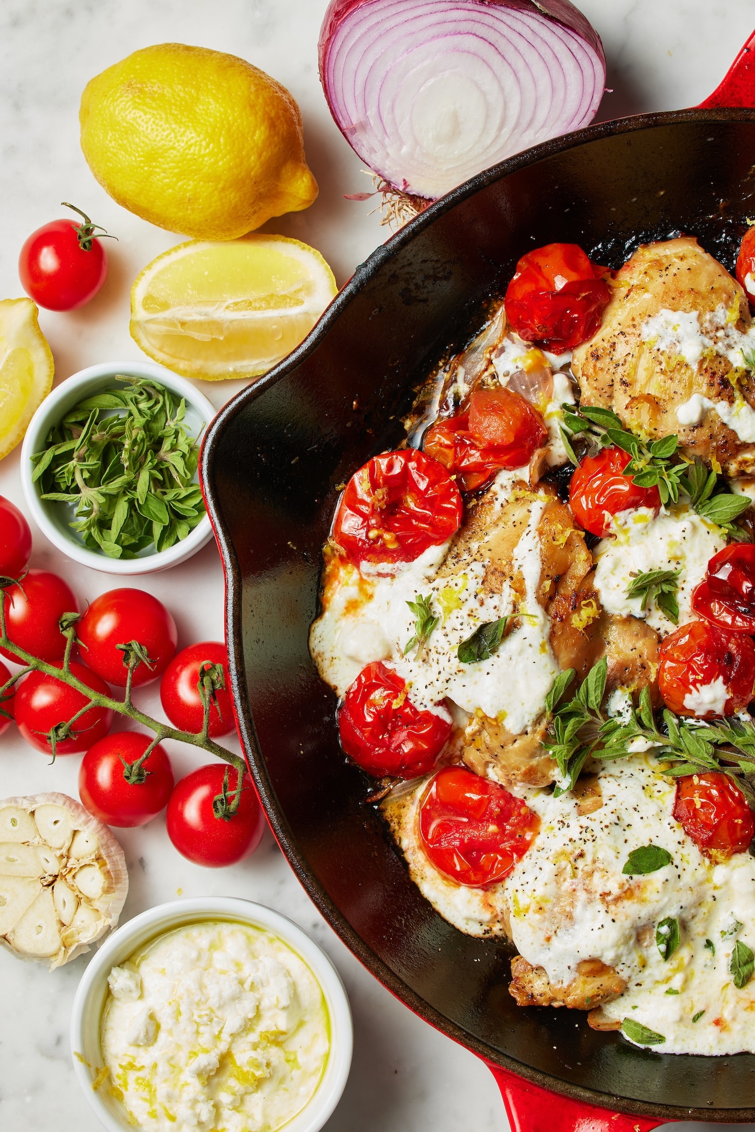 lemon stripes chicken burst tomatoes feta