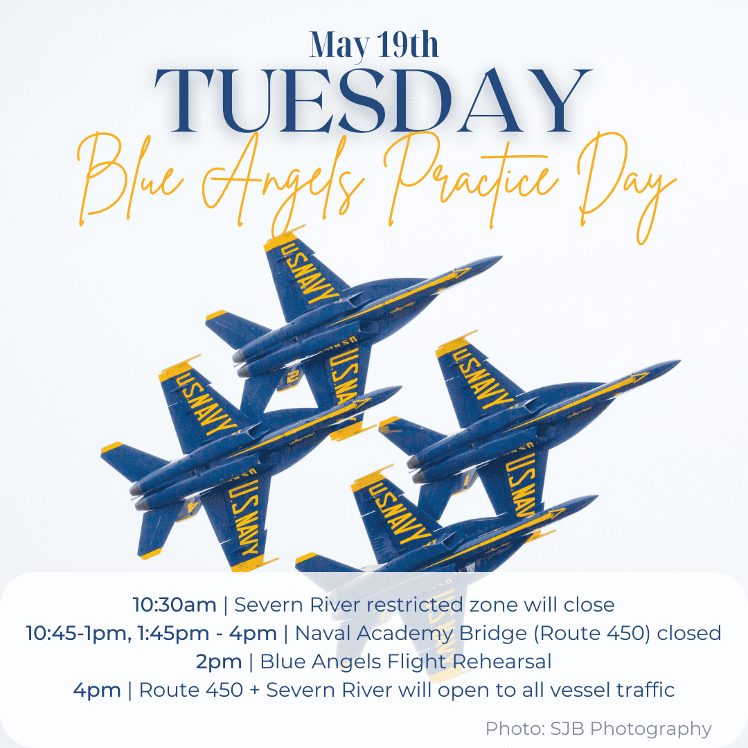 US Navy Blue Angels fighter jets flying in formation for Blue Angels Practice Day on May 19th.
