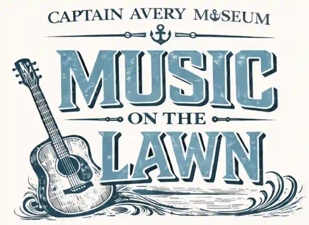 A vibrant poster for "Music on the Lawn" event at Captain Avery Museum, featuring a guitar and ocean.