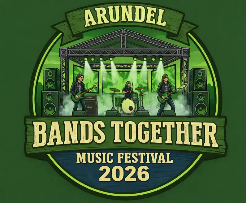 A band performing live at the Arundel Bands Together Music Festival 2026, with stage lighting and so.
