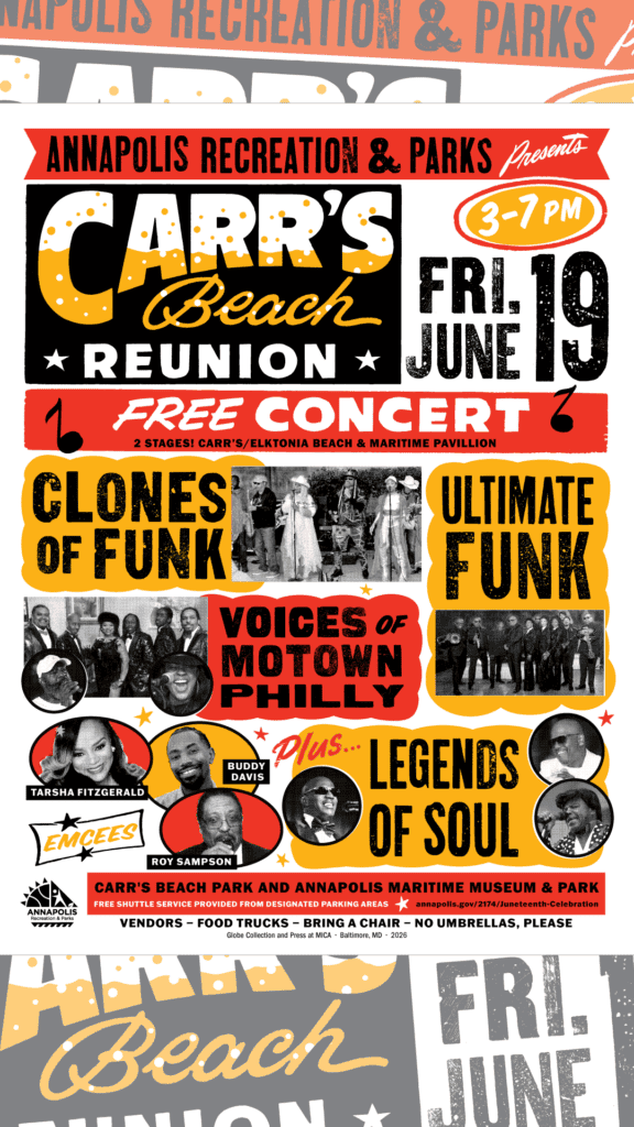 Beach event poster with colorful text and images promoting Carr's Beach reunion, music, and entertai.