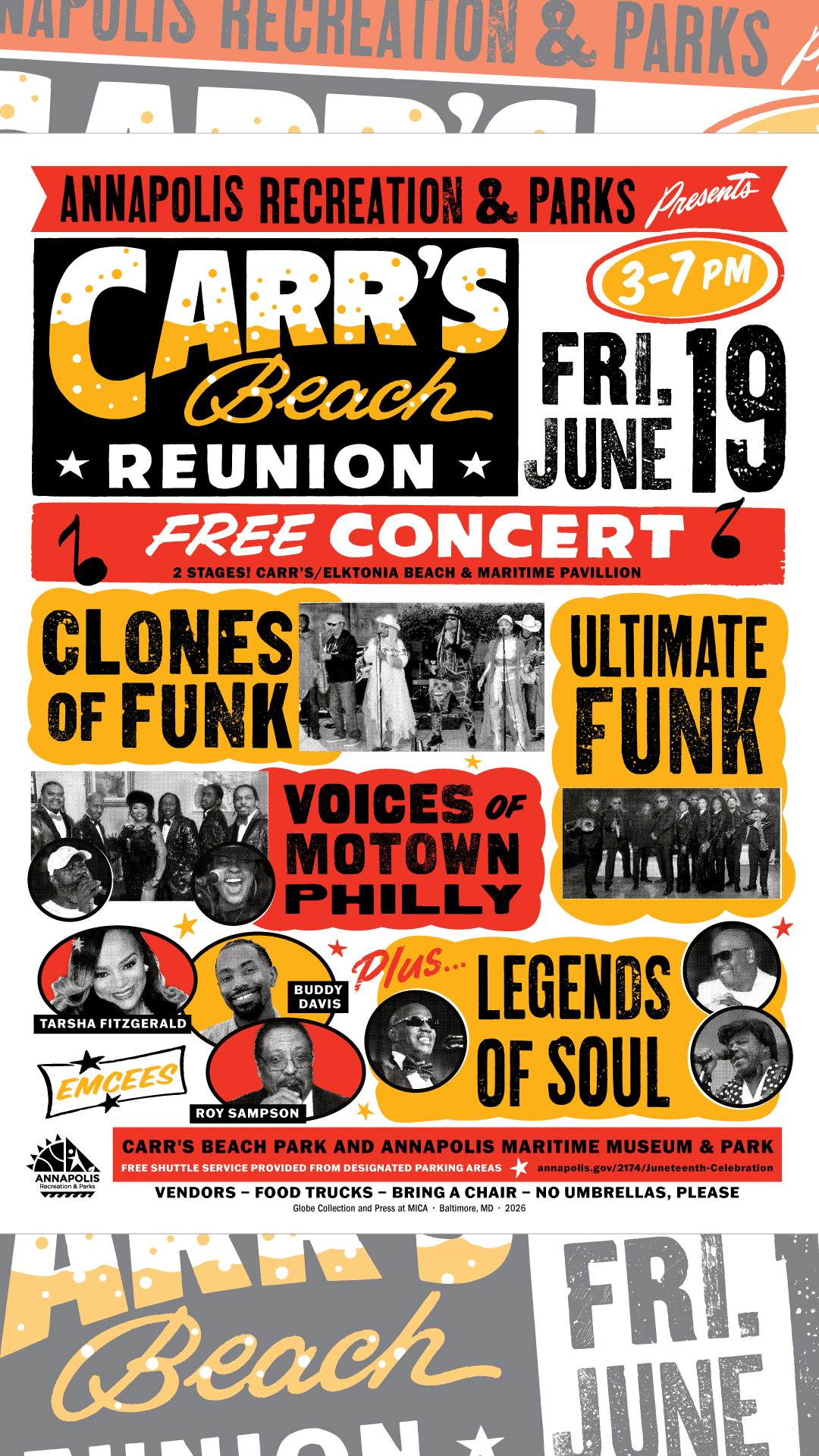 Beach event poster with colorful text and images promoting Carr's Beach reunion, music, and entertai.