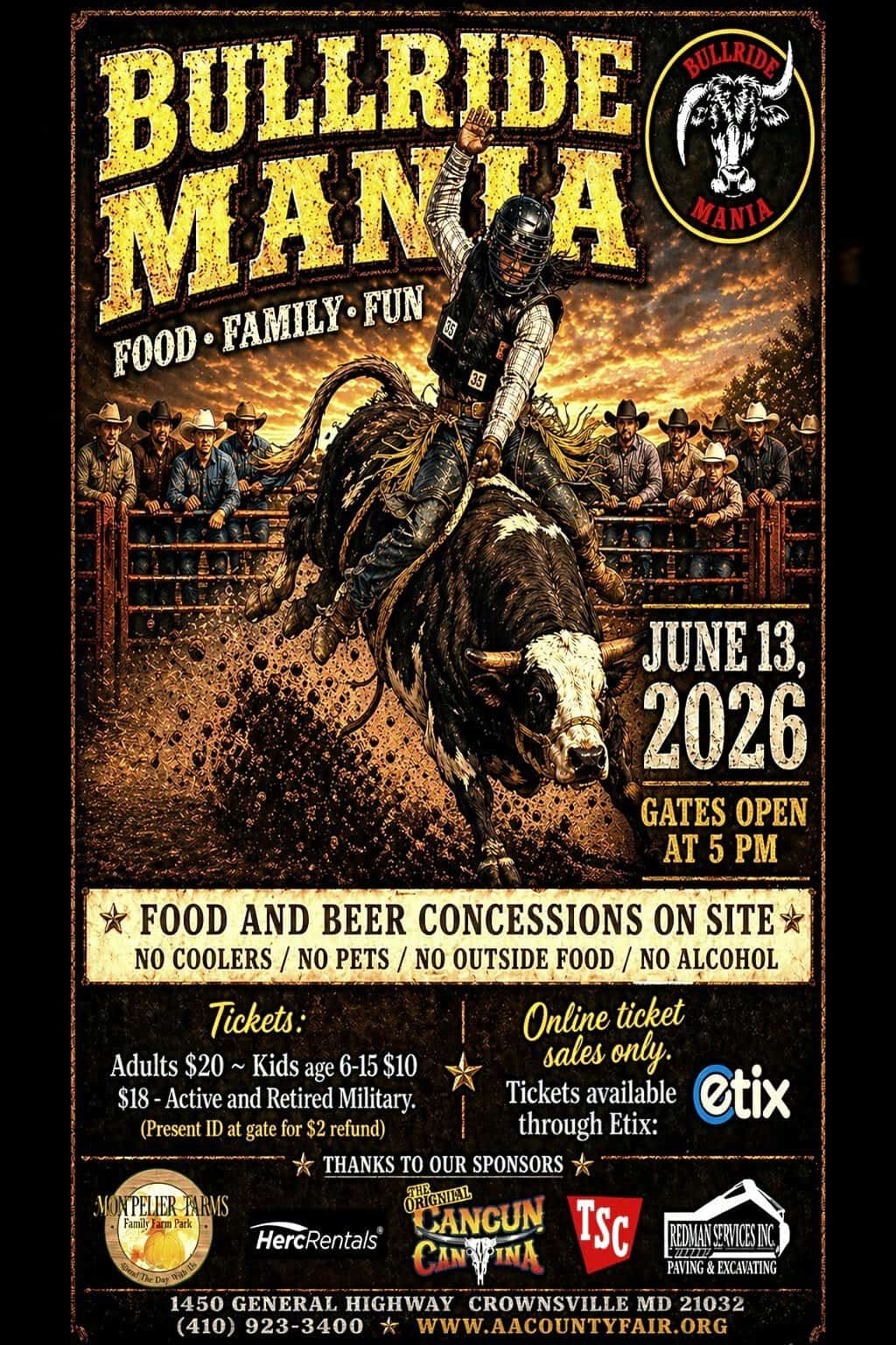 A thrilling rodeo scene featuring a bull rider at Bullride Mania event in Ocean City, June 13, 2026.