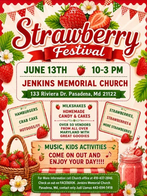 A colorful strawberry festival poster with strawberries, flowers, and event details in red, green, a.