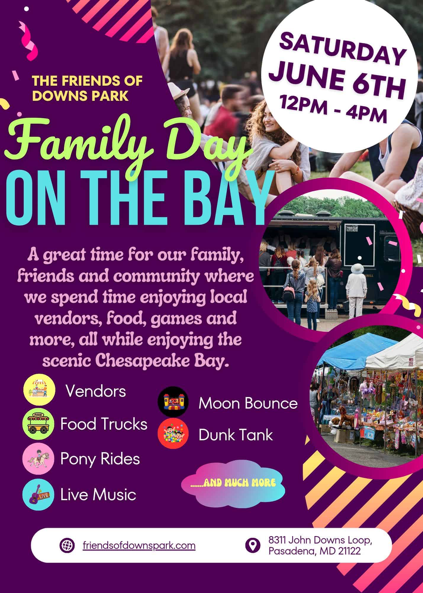 Family Day on the Bay at Downs Park with vendors, food trucks, pony rides, and live music.