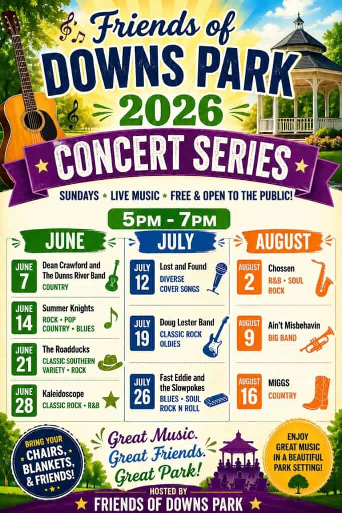 Relaxing park scene with gazebo, guitar, and musical notes, promoting summer concert series in Ocean.