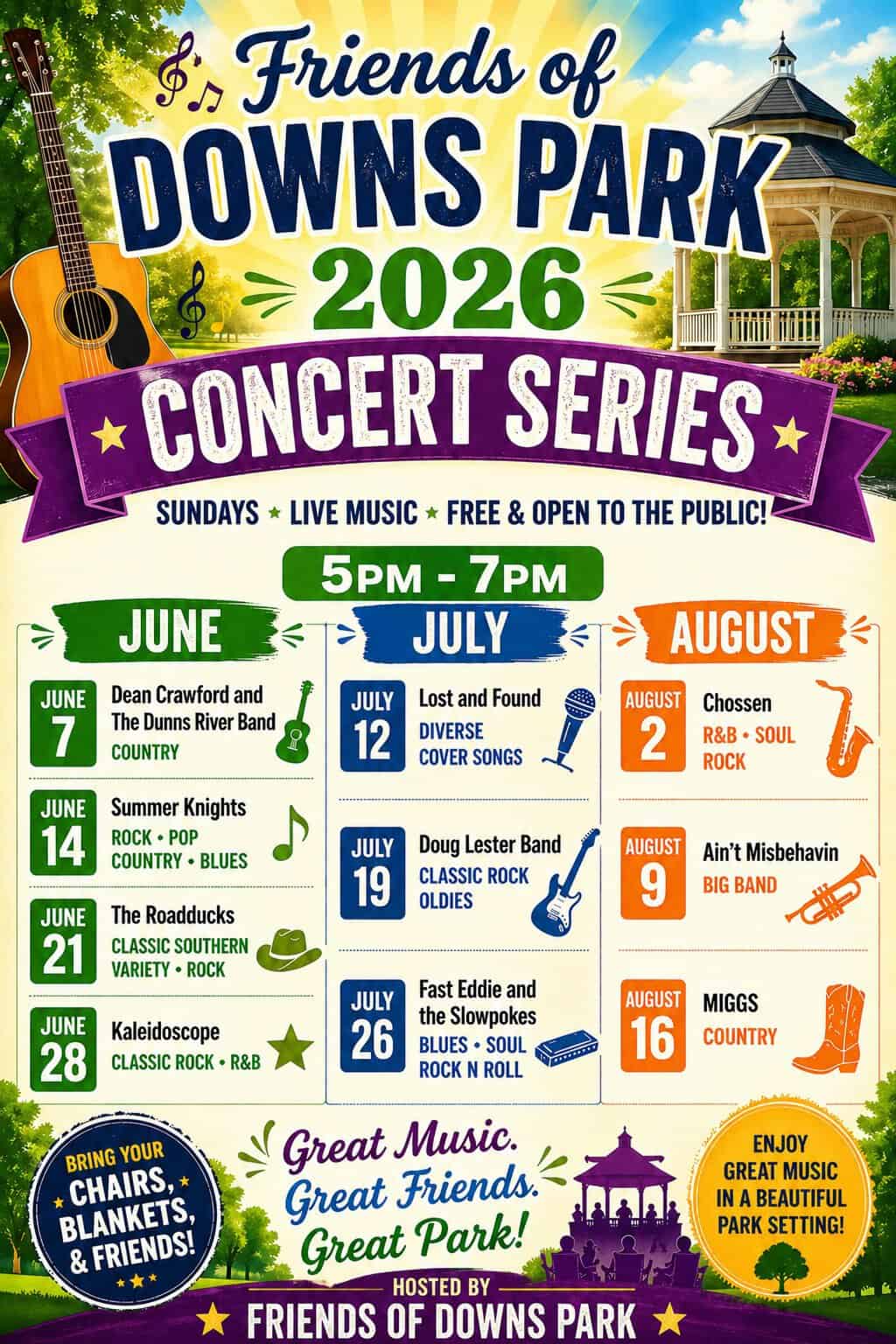 Relaxing park scene with gazebo, guitar, and musical notes, promoting summer concert series in Ocean.