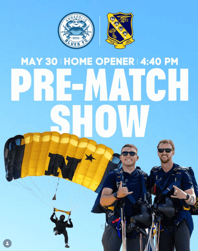 Two skydivers with parachutes and a person landing with a parachute, Ocean City pre-match show event.