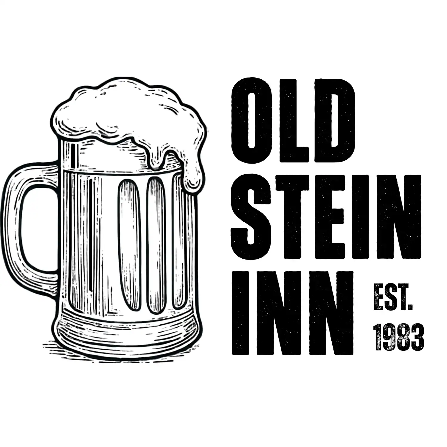 Old Stein Inn logo with beer mug illustration, established 1983, black and white design.