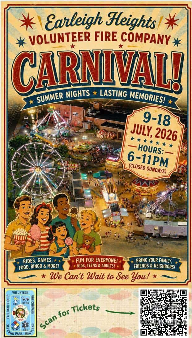 Colorful carnival poster for Earleigh Heights Fire Company with rides, games, and family fun, July 9.