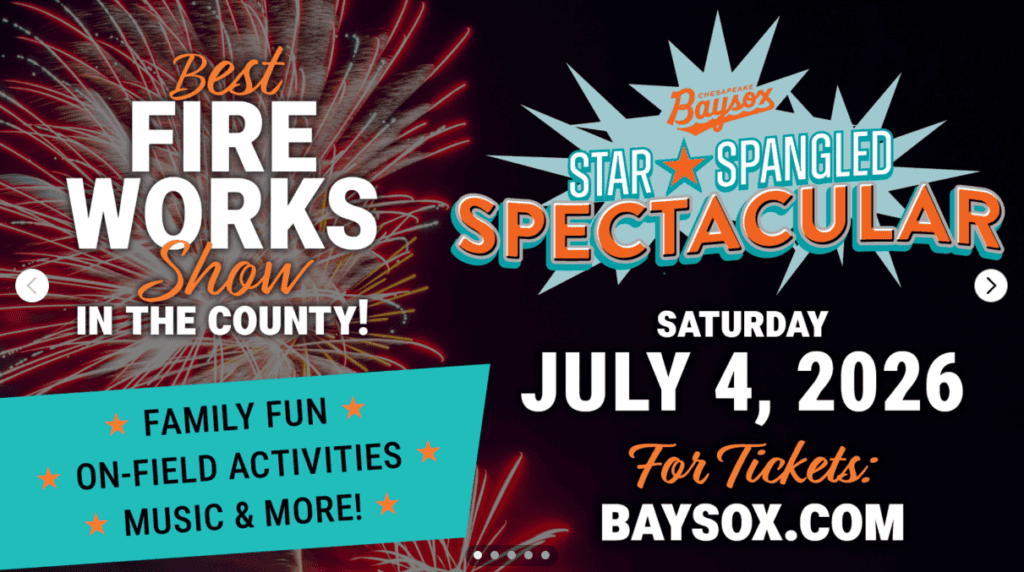 A vibrant fireworks display at Ocean City with event details for the Baysox Star-Spangled Spectacula.