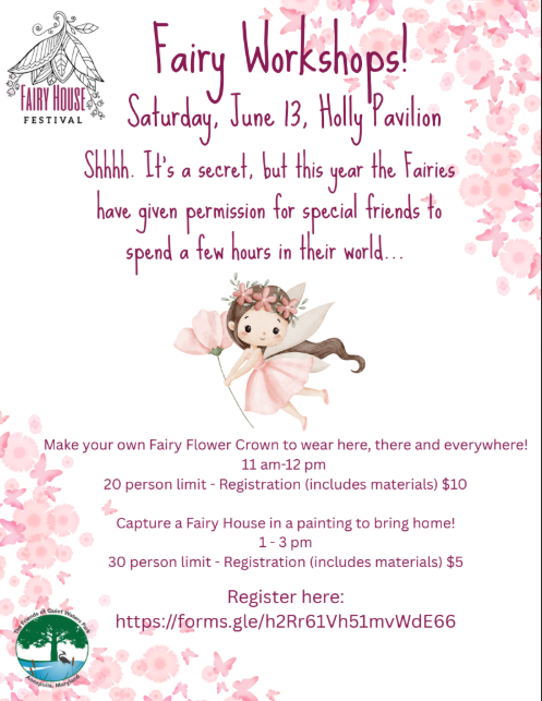 A fairy-themed workshop event flyer with pink floral background and a cute fairy illustration.