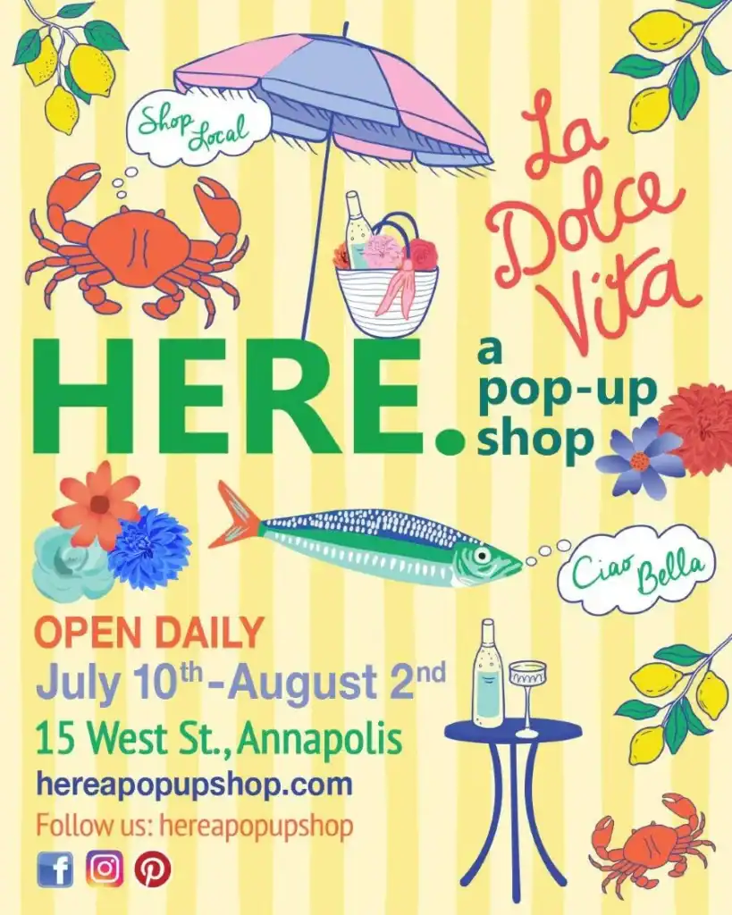 Colorful poster for La Dole Vita pop-up shop in Annapolis with crab, fish, flowers, and drinks.