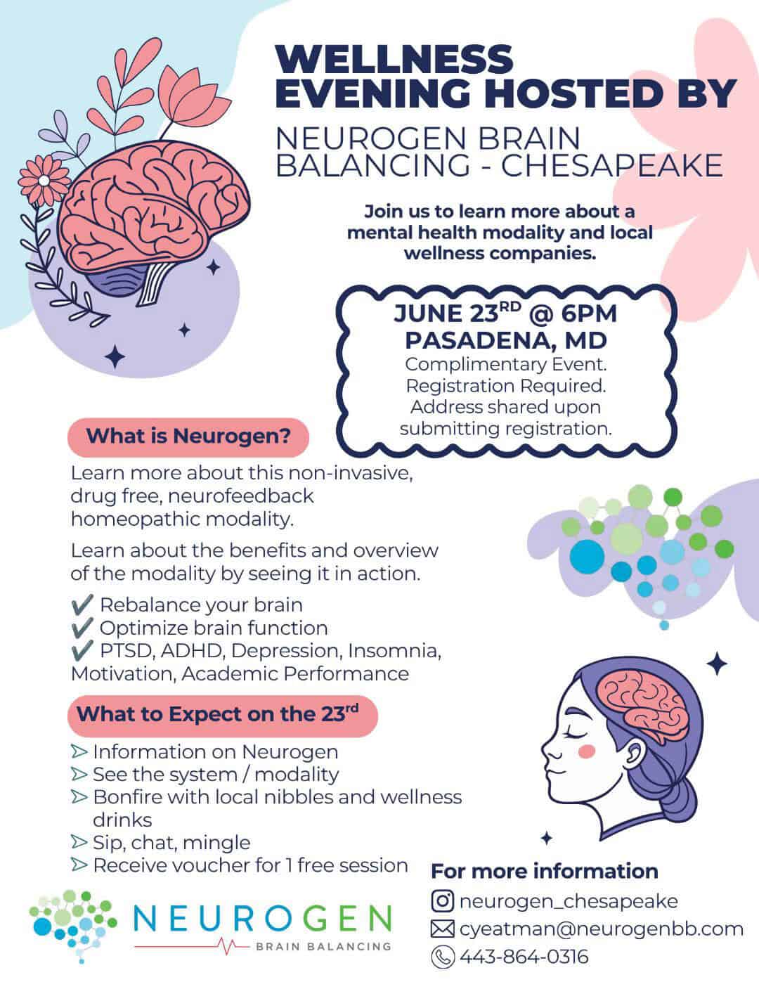 Wellness evening on neurogen brain balancing in Pasadena MD with event details and illustrations.