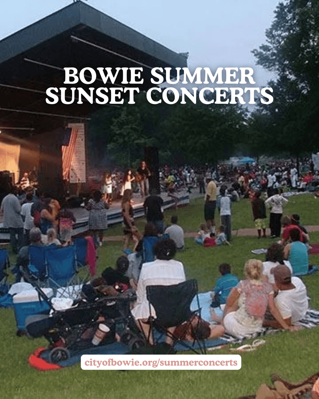 Crowd enjoying Bowie Summer Sunset Concerts at city park with stage and trees.