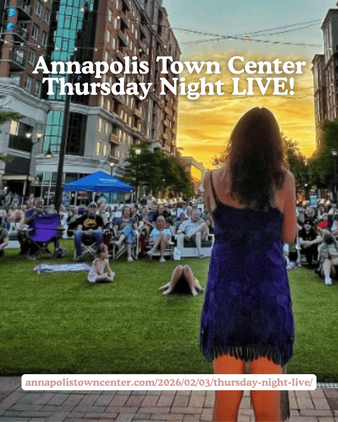 Crowd enjoying outdoor concert at Annapolis Town Center during sunset with a woman in a purple dress.
