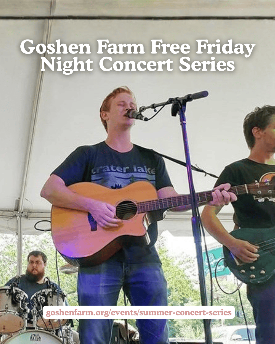 Young musician playing guitar at Goshen Farm Free Friday Night Concert Series.