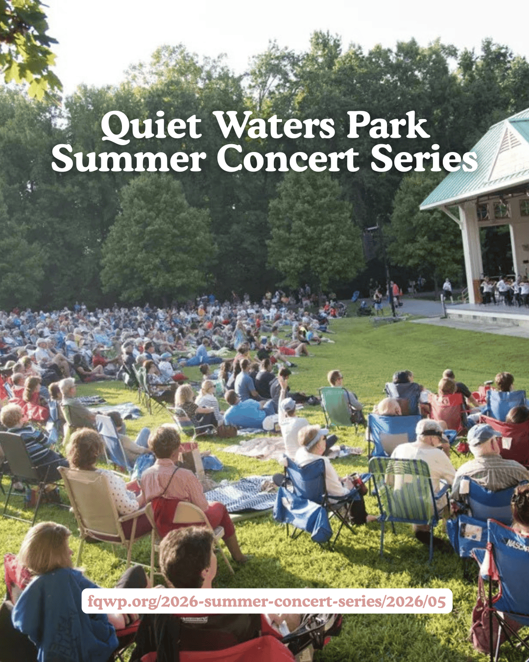 Crowd enjoying Quiet Waters Park summer concert series outdoors with trees and stage in background.