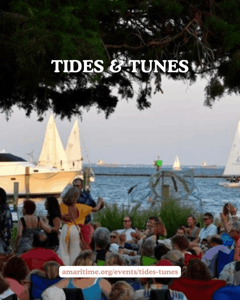Ocean City Moms enjoying Tides & Tunes outdoor concert by the water with sailboats in background.