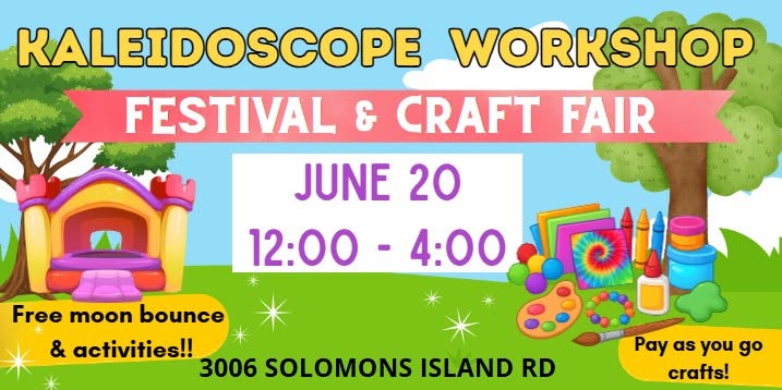 Colorful poster for Kaleidoscope Workshop Festival and Craft Fair on June 20 from 12 to 4 at Solomns.