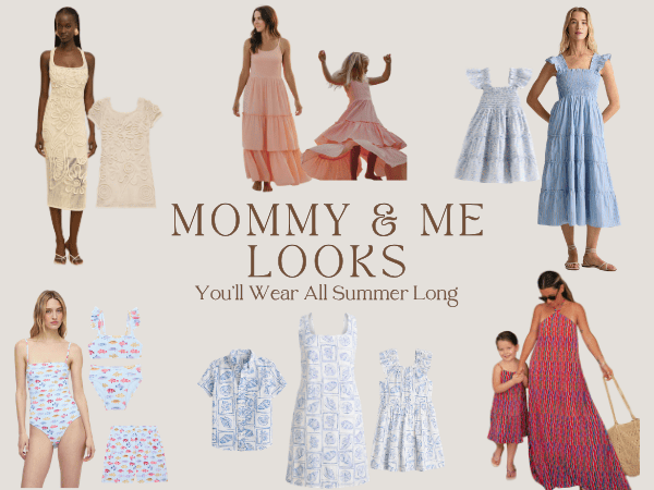Children and women in summer dresses and outfits for Mommy & Me looks, beachwear, and casual summer.