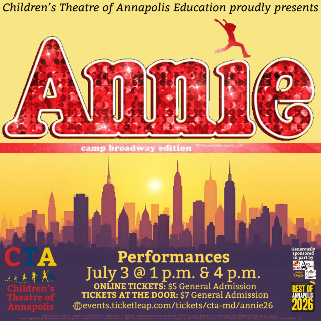 Children's Theatre of Annapolis presents Annie musical with NYC skyline background and performance 1.