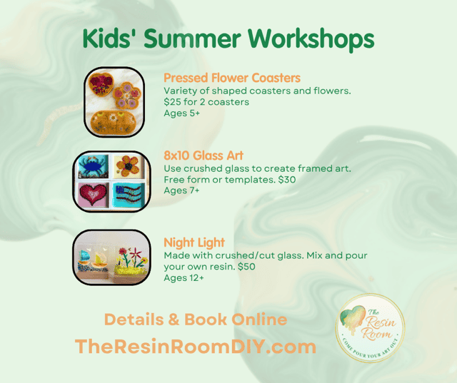 Kids' summer workshops including flower coasters, glass art, and night light activities.