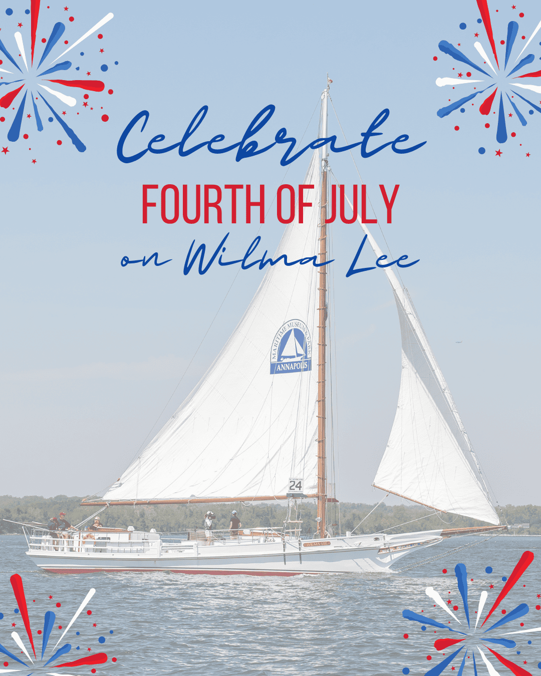 Celebrating Fourth of July on Wilma Lee sailboat with fireworks and patriotic decor.