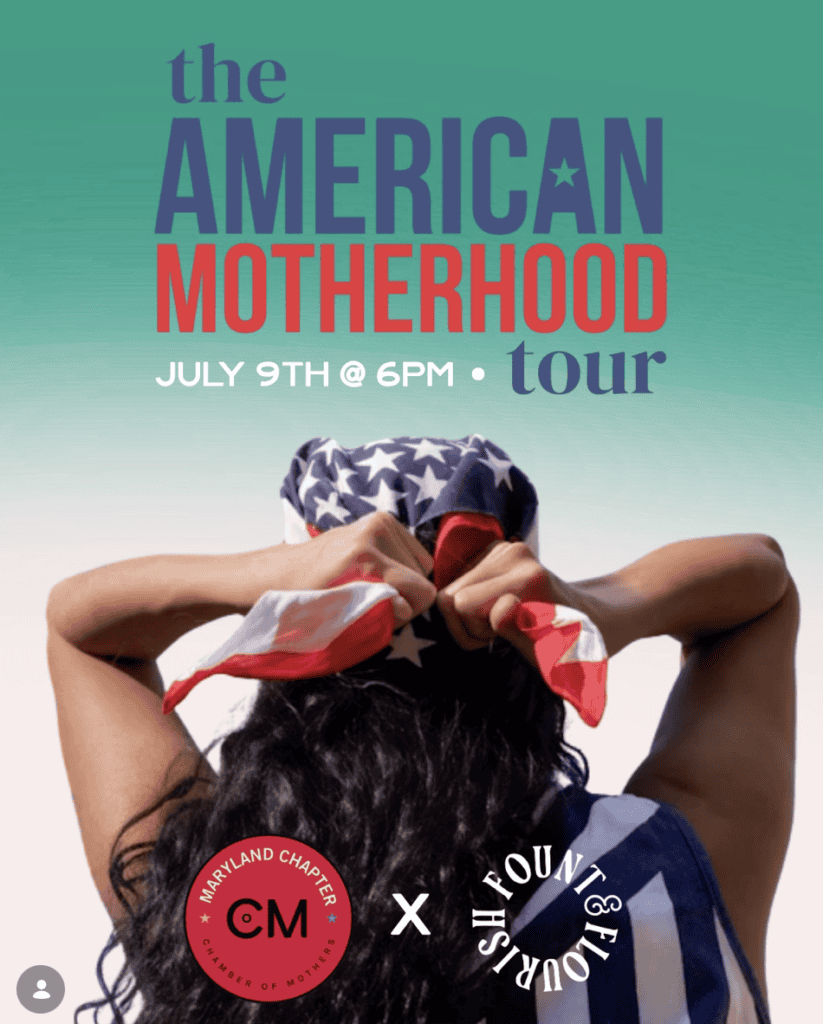 Woman with American flag bandana celebrating motherhood at Ocean City Moms event.