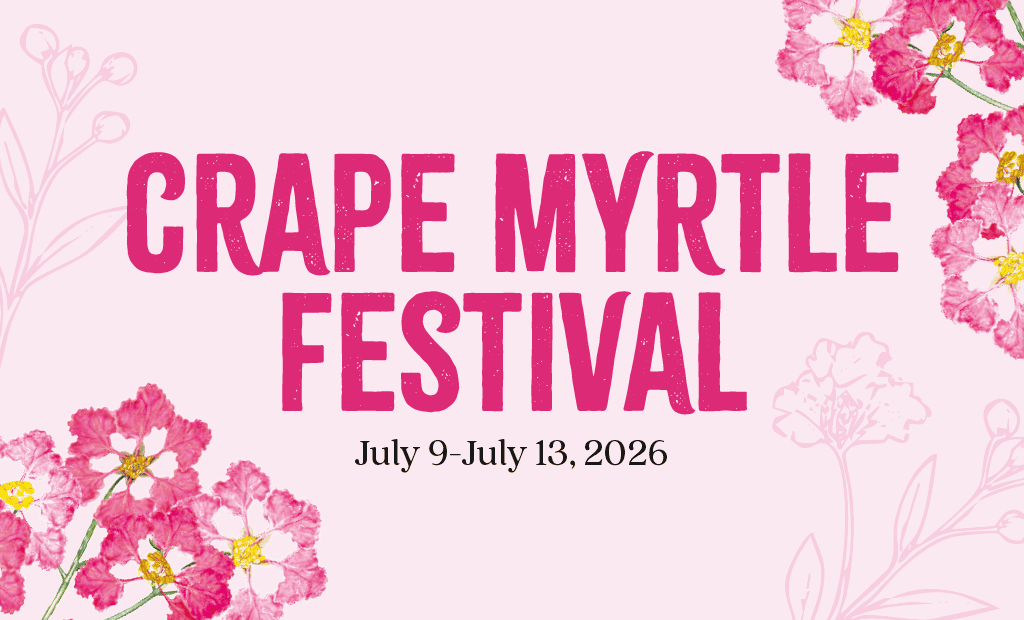 Crape Myrtle Festival banner with pink flowers and event dates in Ocean City, 2026.