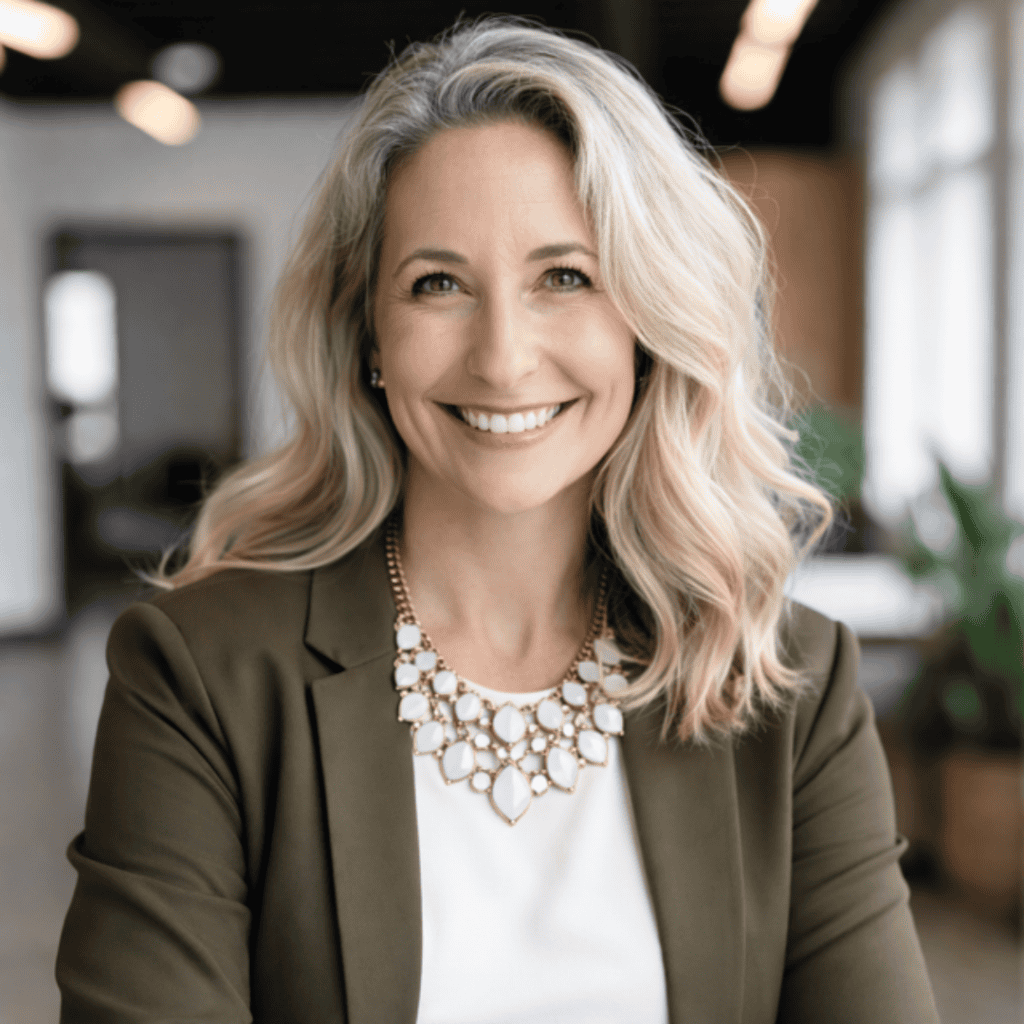 Smiling woman in professional attire in a modern office setting.