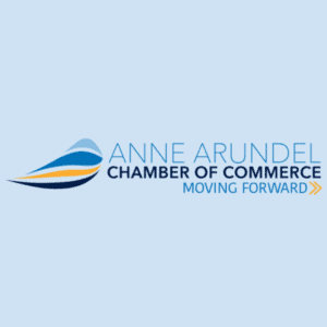 Anne Arundel Chamber of Commerce logo with slogan Moving Forward on light blue background.