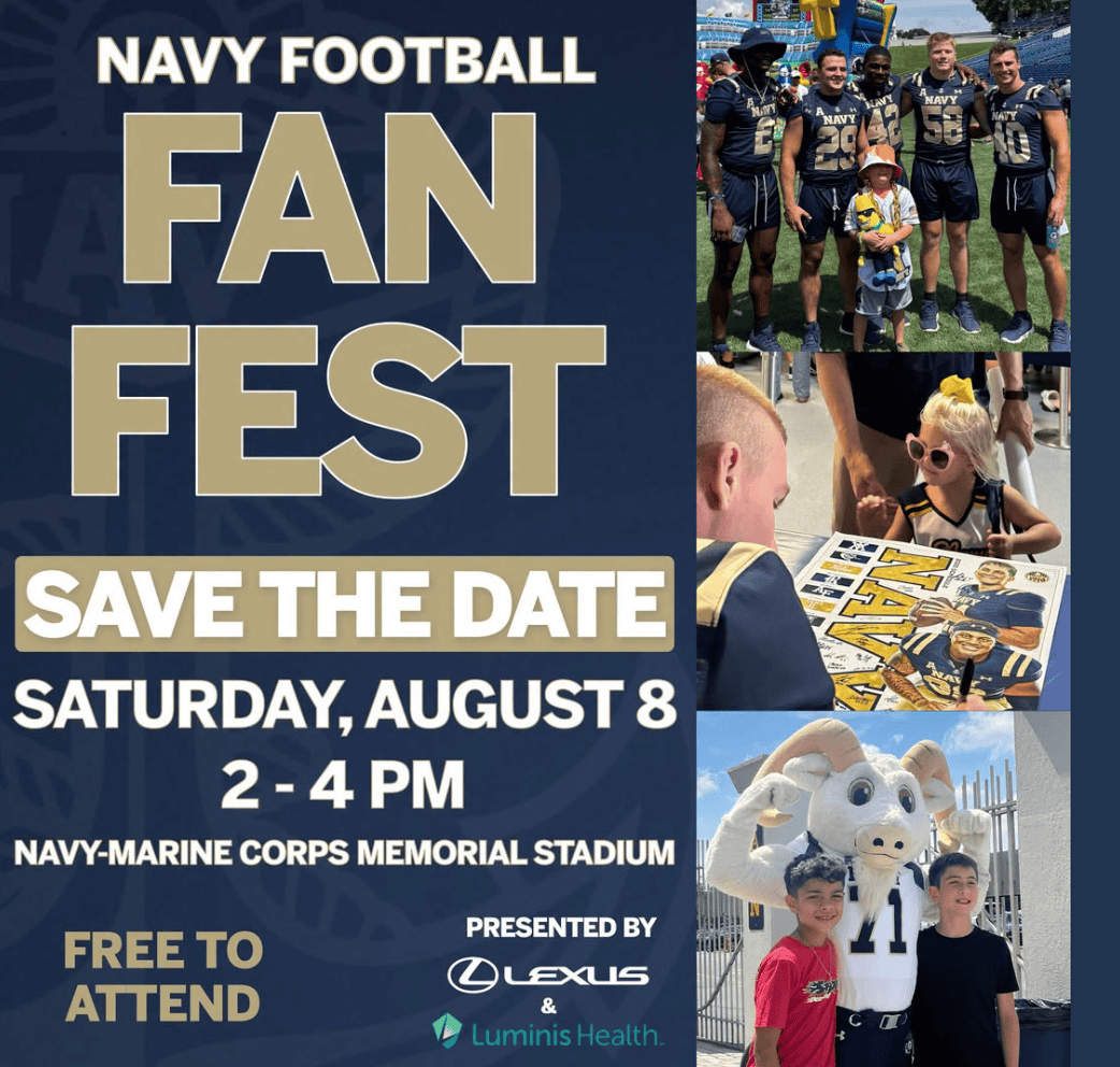 Navy Football Fan Fest event poster with kids in football gear at Ocean City Moms.