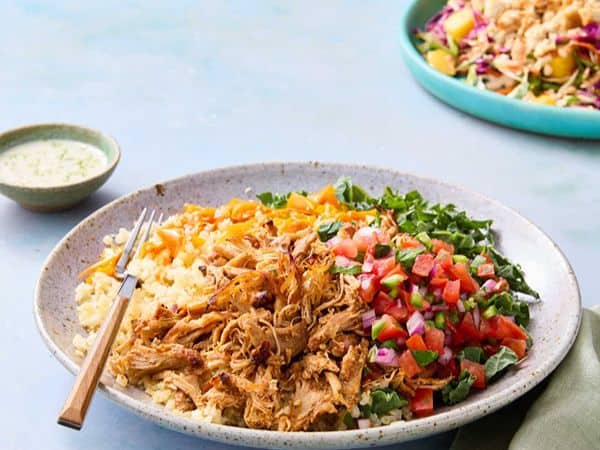 Shredded pork with rice, fresh salsa, and salad on a ceramic plate.