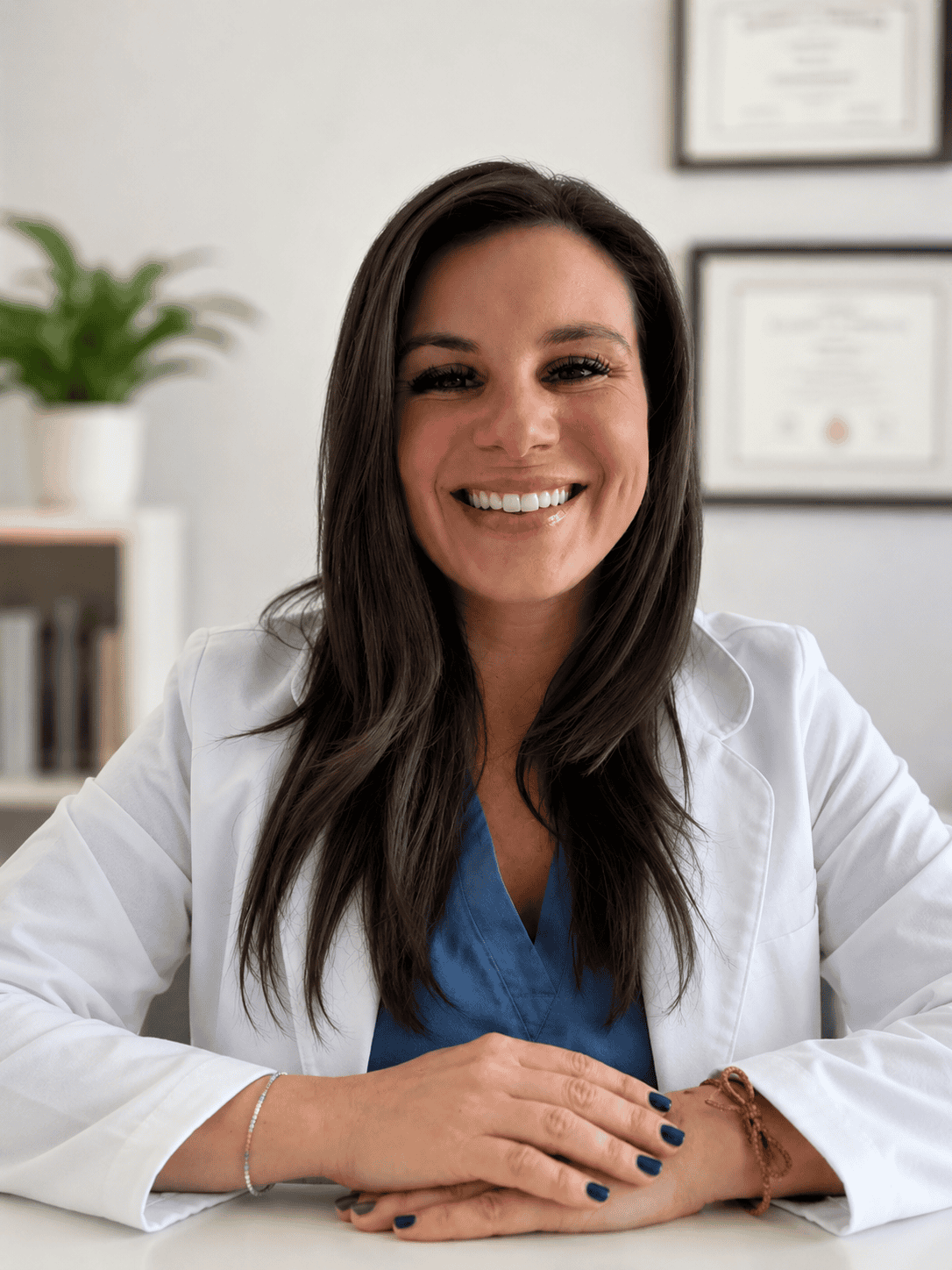 Smiling woman in medical coat with diplomas on wall and plant in background.
