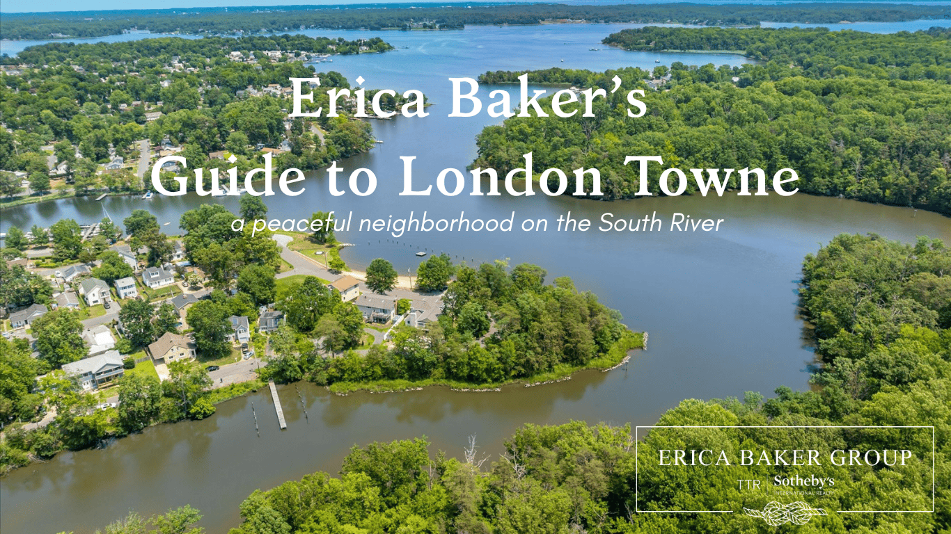 Aerial view of London Towne neighborhood along the South River with lush greenery and water.