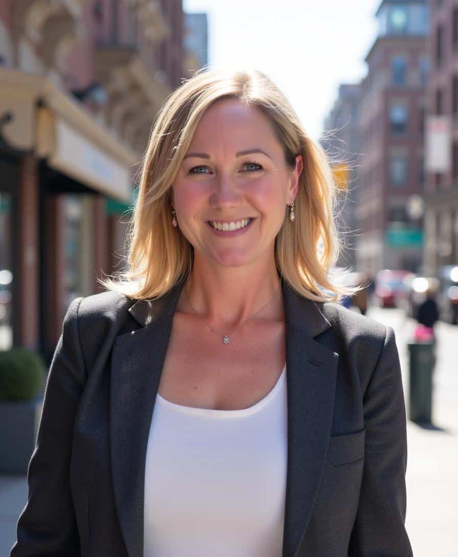 Smiling woman in business attire on city street with buildings and pedestrians in background.