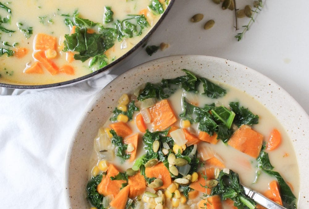 Creamy Sweet Potato, Corn, and Kale Chowder
