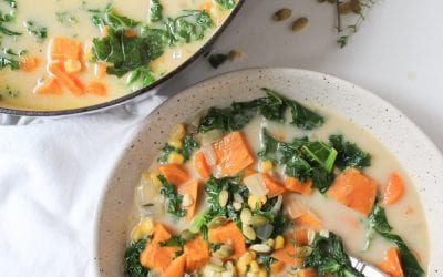 Creamy Sweet Potato, Corn, and Kale Chowder