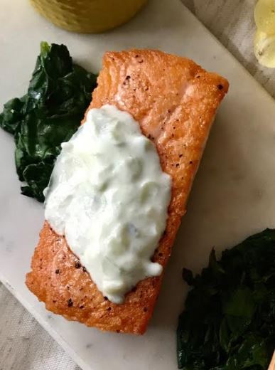 Five Ingredient Friday! Seared Wild Salmon with Cucumber Yogurt Sauce compliments of Anna Gass