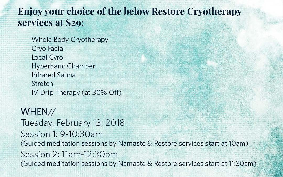 Taking Care of yourself Event with Namaste New York at Restore Cryotherapy on 2/13!