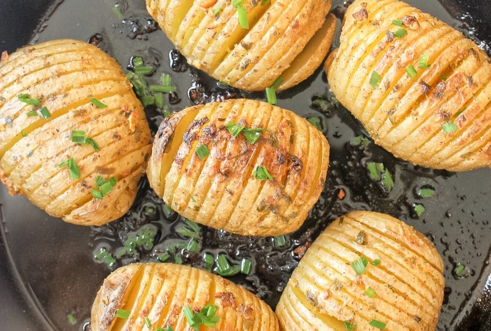 Hasselback Potato Skillet with Mustard Garlic Butter + Chives!