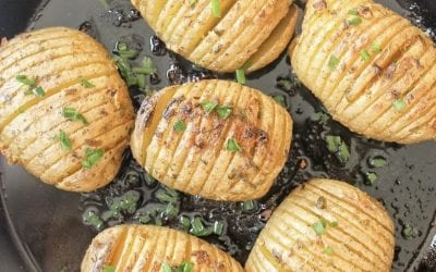 Hasselback Potato Skillet with Mustard Garlic Butter + Chives!