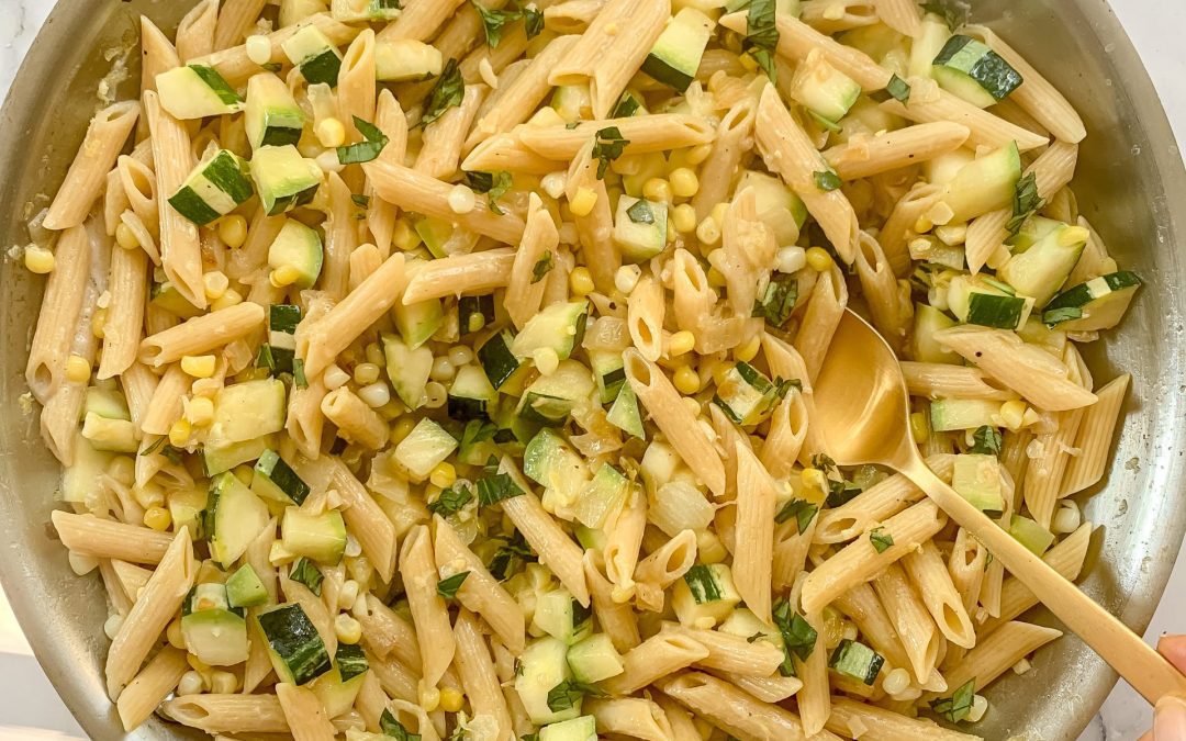 Creamed Corn Pasta with Zucchini and Basil