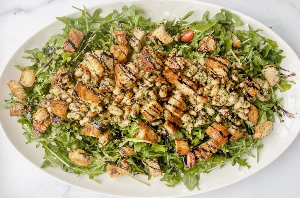 White Bean Pesto Salad with Garlic Croutons Balsamic Glaze