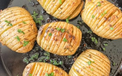 Hasselback Potato Skillet with Mustard Garlic Butter + Chives!