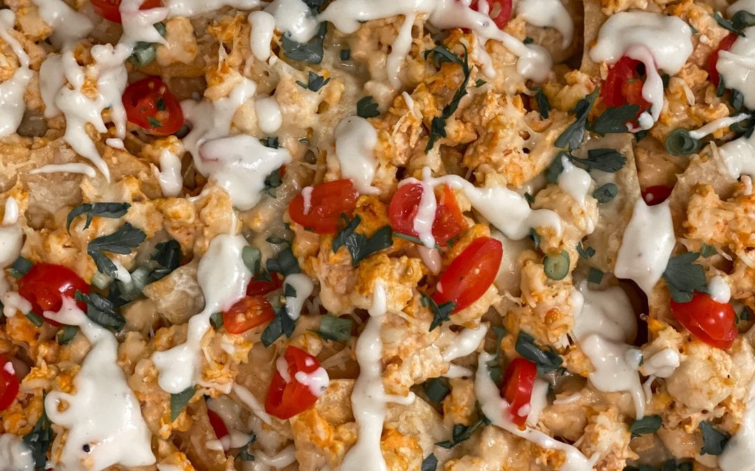 Buffalo Chicken Nachos with Blue Cheese Queso