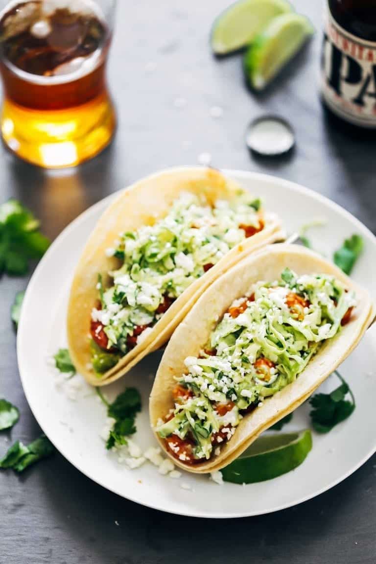 Shrimp Tacos with Garlic Cilantro Lime Slaw by Pinch of Yum